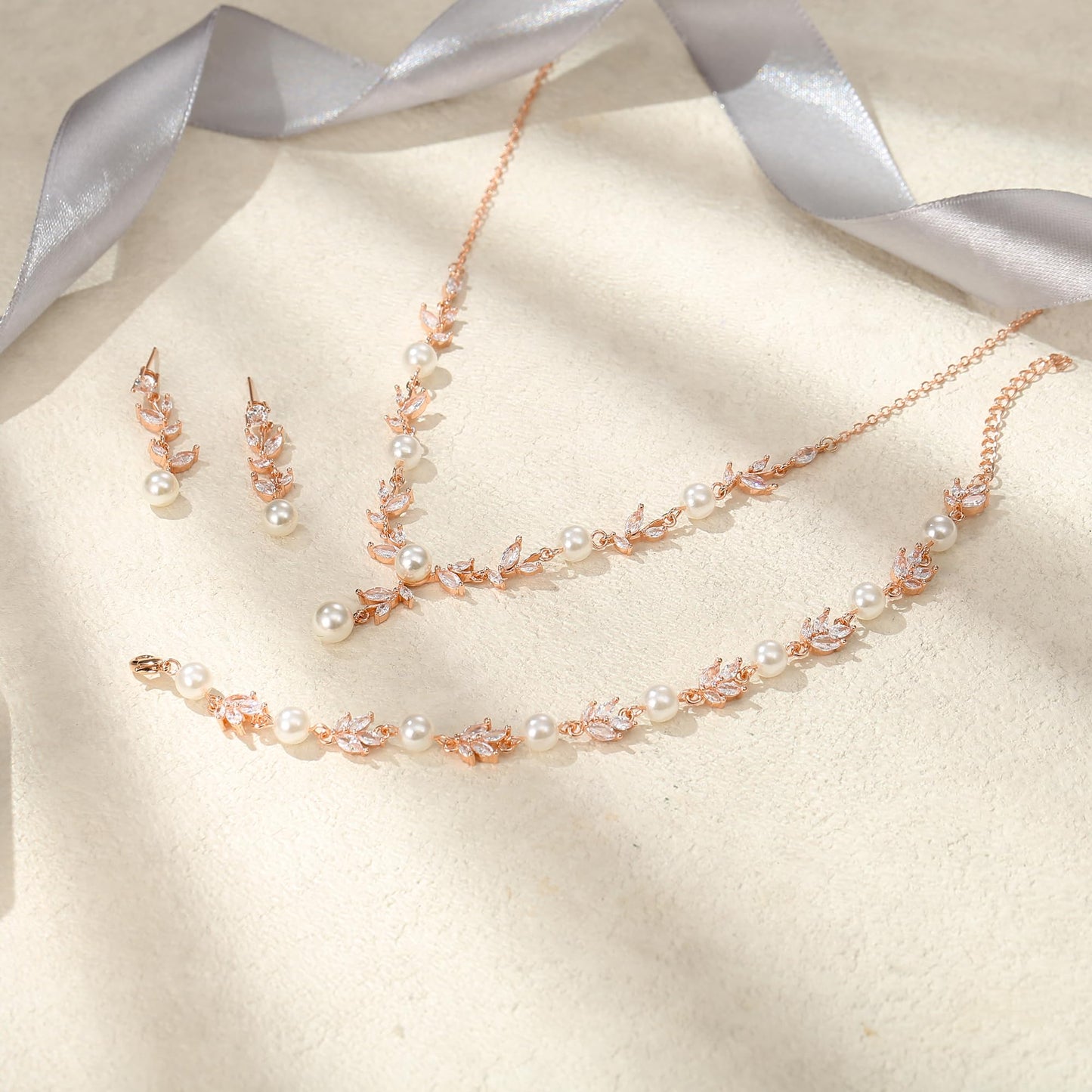 EVER FAITH Bridal Jewelry Set for Bride Bridesmaid, White Marquise Cubic Zirconia Rose Gold-Plated-Brass Faux Pearl Leaf Vine Party Prom Necklace Dangle Earrings Bracelet for Women
