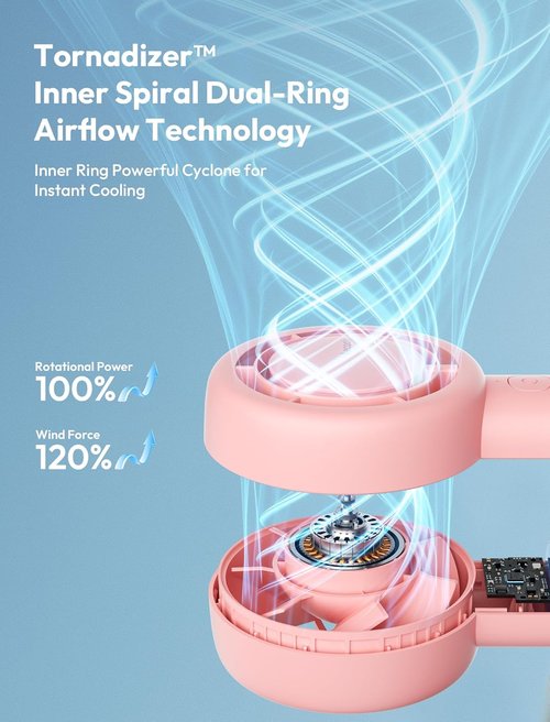 Aecooly Portable Handheld Turbo Fan - USB Rechargeable Mini Cooling Fan | 16H Max Cooling, 5 Speeds, Pink