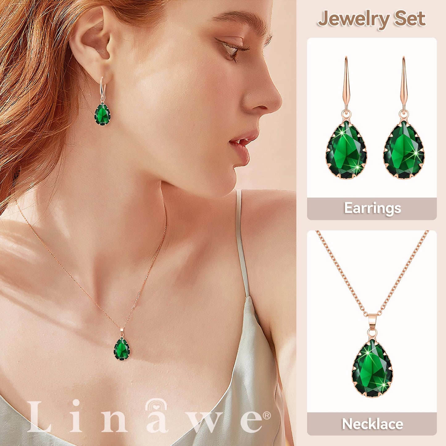 Linawe Emerald Green Crystal Rose Gold Jewelry Sets for Women, Pendant Matching Necklace Set, Imitation Diamond Drop Dangle Teardrop Earrings Set, Rhinestone Jewelry Wedding Bridal Bridesmaid
