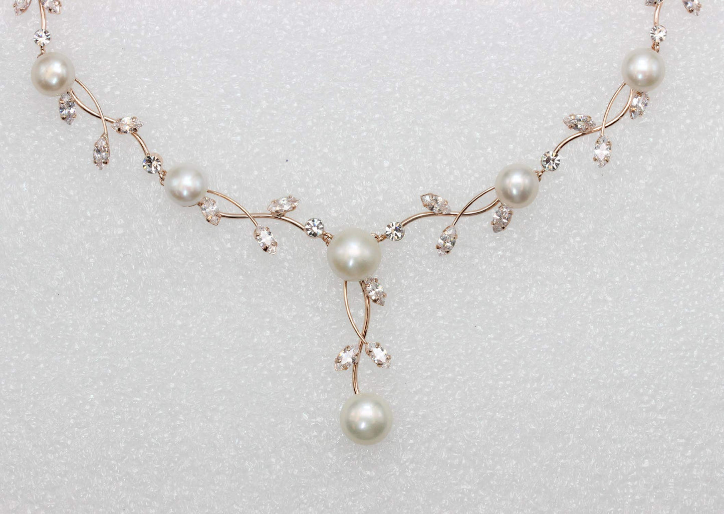 Faship Gorgeous CZ Crystal Genuine Freshwater Pearls Floral Necklace Earrings Set - Clear/Rose-Gold