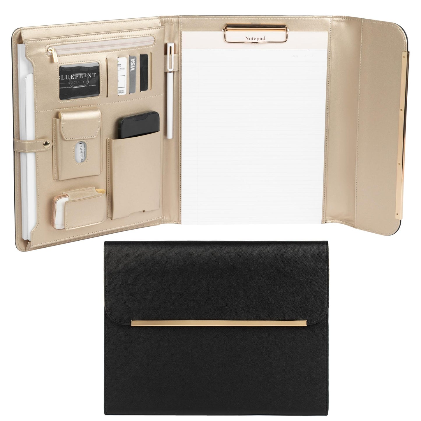 BLU MONACO | Black Vegan Leather Portfolio Binder for Women | Professional Padfolio with Magnetic Closure & Gold Trim | Business Organizer Case for Documents & 8.5 x 11 Notepad
