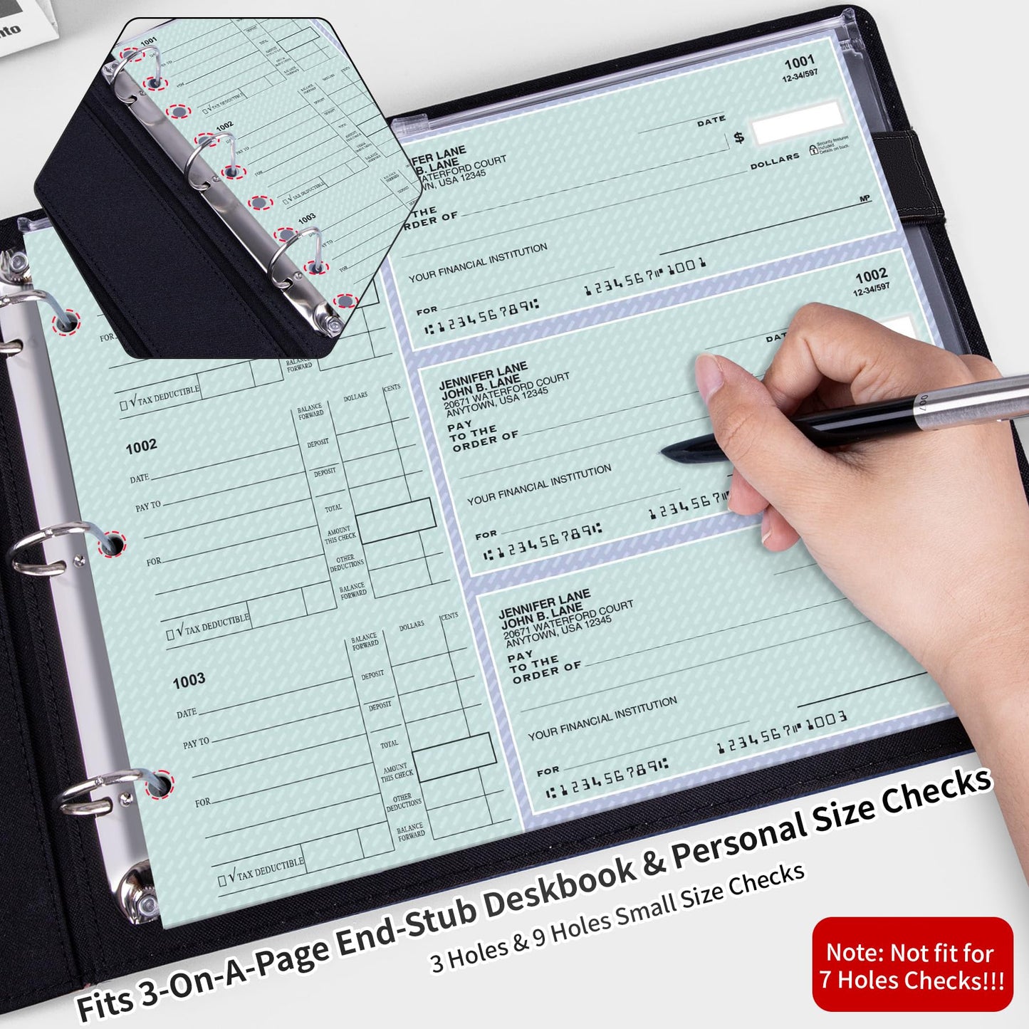 Antner 3 Ring Personal Check Binder for 3-on-a-Page End-Stub Deskbook & Personal 3 Holes or 9 Holes Small Size Checks, PU Leather Check Holder Checkbook Binder Cover with Zipper Pouch, Black