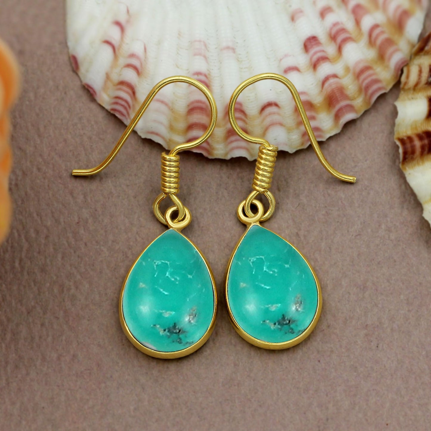 Natural Turquoise 14K Yellow Gold Plated Teardrop Shape Dangle Earrings - December Birthstone Green Gemstone Handmade Earrings - Wedding Christmas Gifts for Her Mom Wife Sister