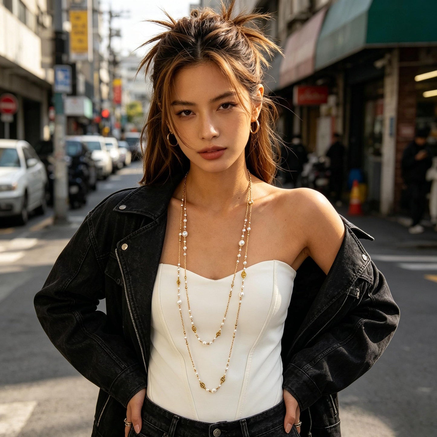 Long Pearl Necklaces for Women Pearl Long Chain Necklace Dainty Gold Long Pearl Necklaces Layered Pearl Necklace Statement Sweater Strand Chain Jewelry (Gold 2Pcs)