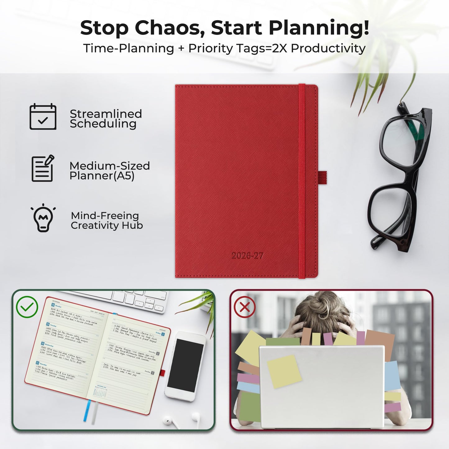 IN-LUXPRO Weekly Monthly 2026-2027 Planner (July 26-Dec 27),8.5"x6.5",18 Months Agenda Plan with Month Tabs & Pocket,Expenses/Note Pages, Academic Calendar with Vegan Leather Cover,Red
