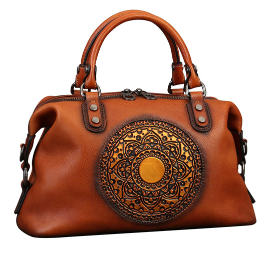 Genuine Leather Women's Handbags Travel Small Purses Top Handle Barrel Satchel Shoulder Hand Bags leather crossbody bags for Women Retro Totem Tote Bag Brown