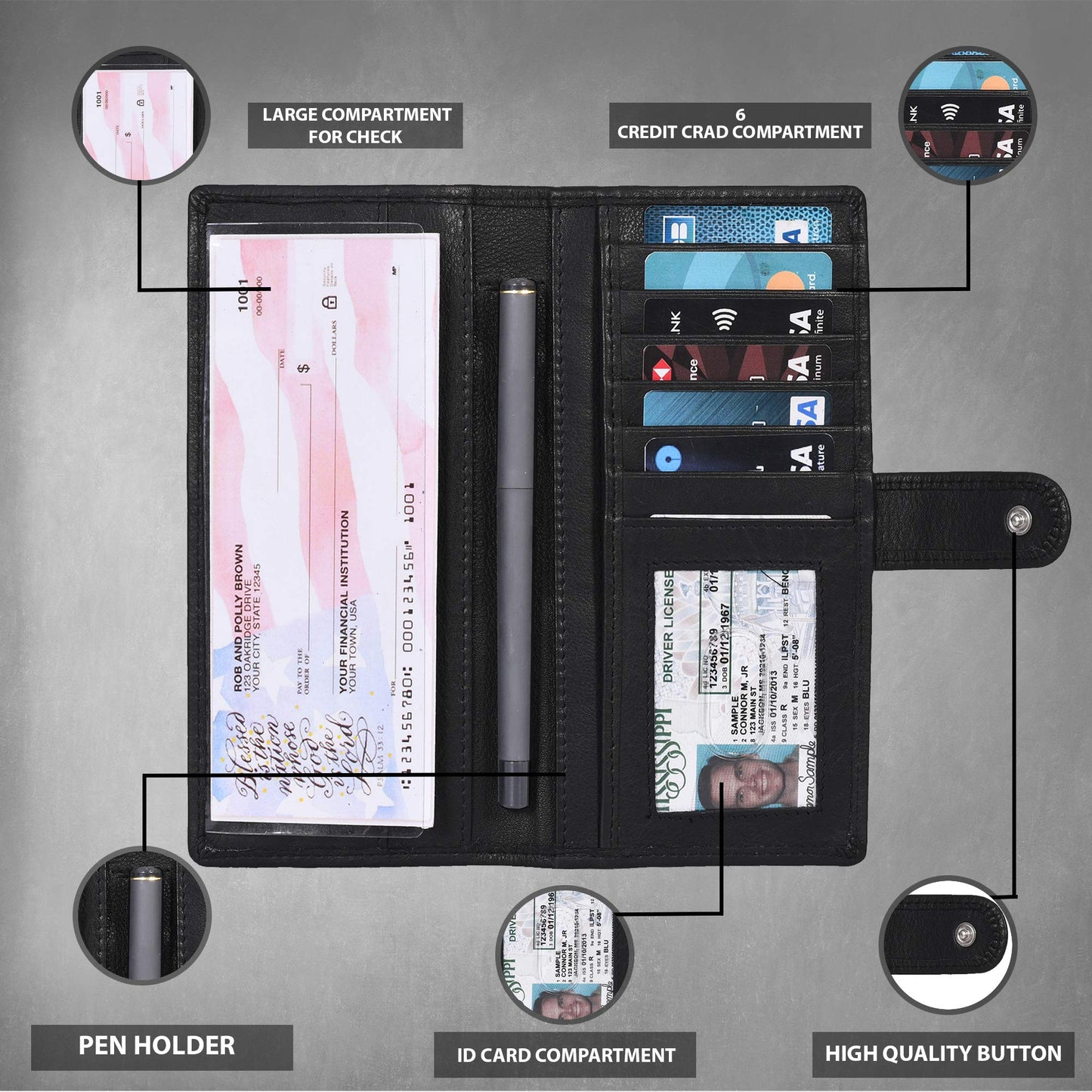 Leather Checkbook Cover for Men & Women - Duplicate Checks - RFID Blocking - Slim Long Wallet with 5 Card Holder Slots - Personal & Business Checks (Black Nappa)