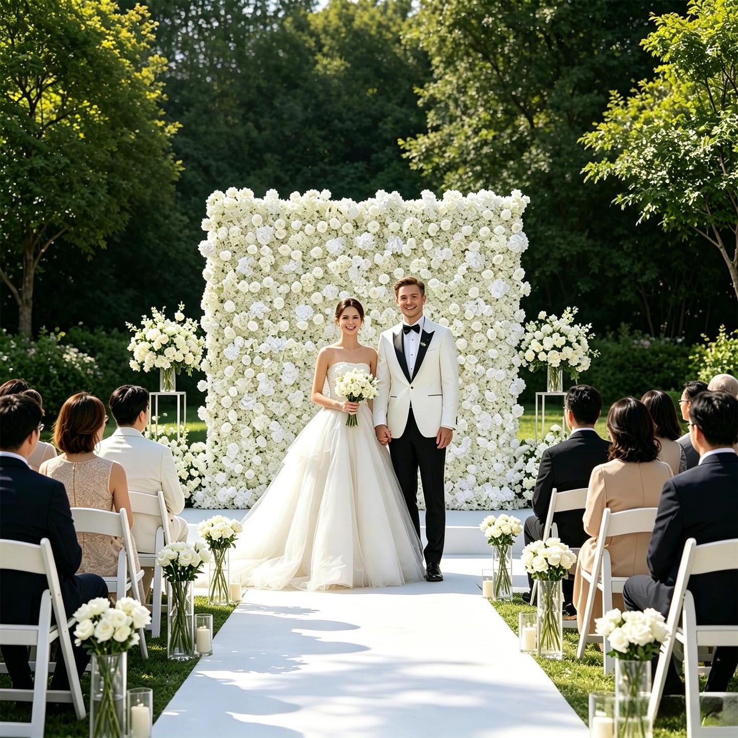 5D Artificial Silk Rose Flower Wall Backdrop, Exquisite White Floral Wall, 8×8 Ft, Quick Installation & Easy Storage, Reusable, Suitable for Weddings, Birthday Parties and Home Decor, Without Stand.