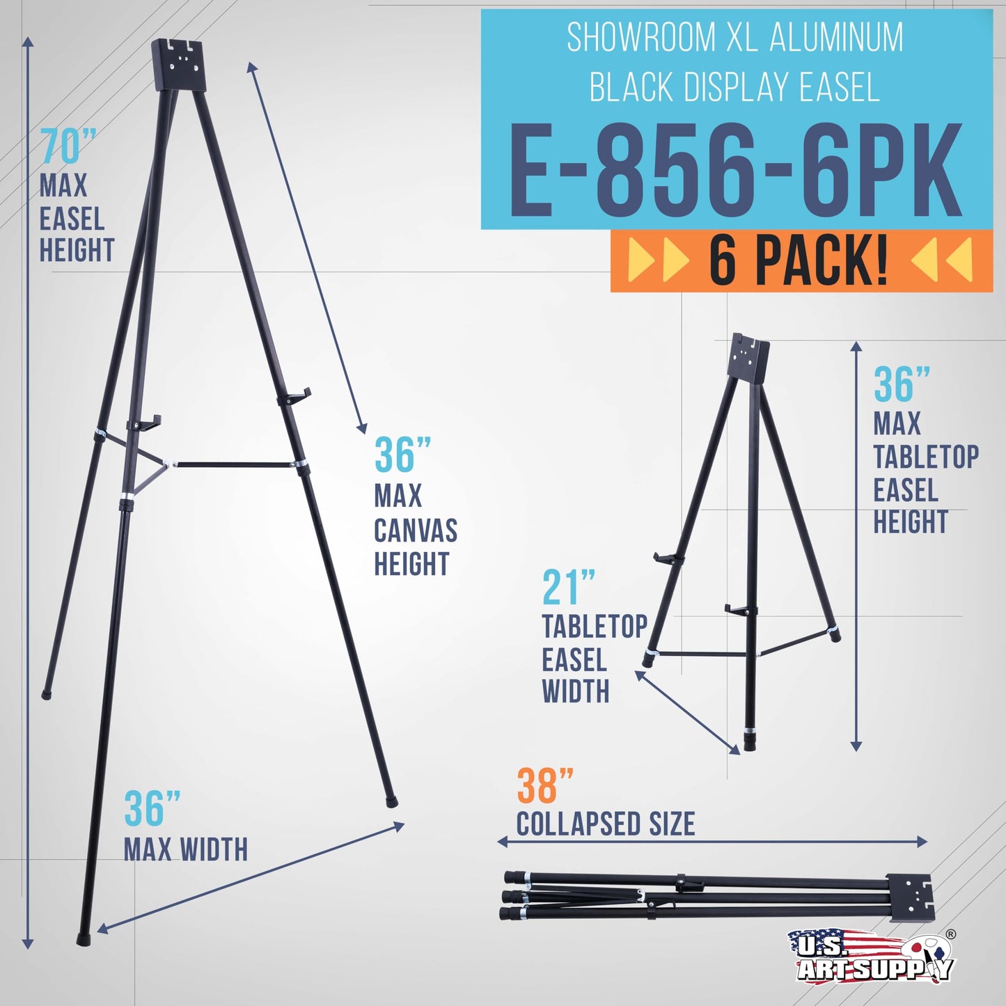 U.S. Art Supply 70" High Showroom XL Silver Metal Display Easel (6 Pack) - Large Adjustable Height Portable Easel Stand, Sign Display, Holds 45 lbs - Floor & Tabletop Easels, Painting Stand