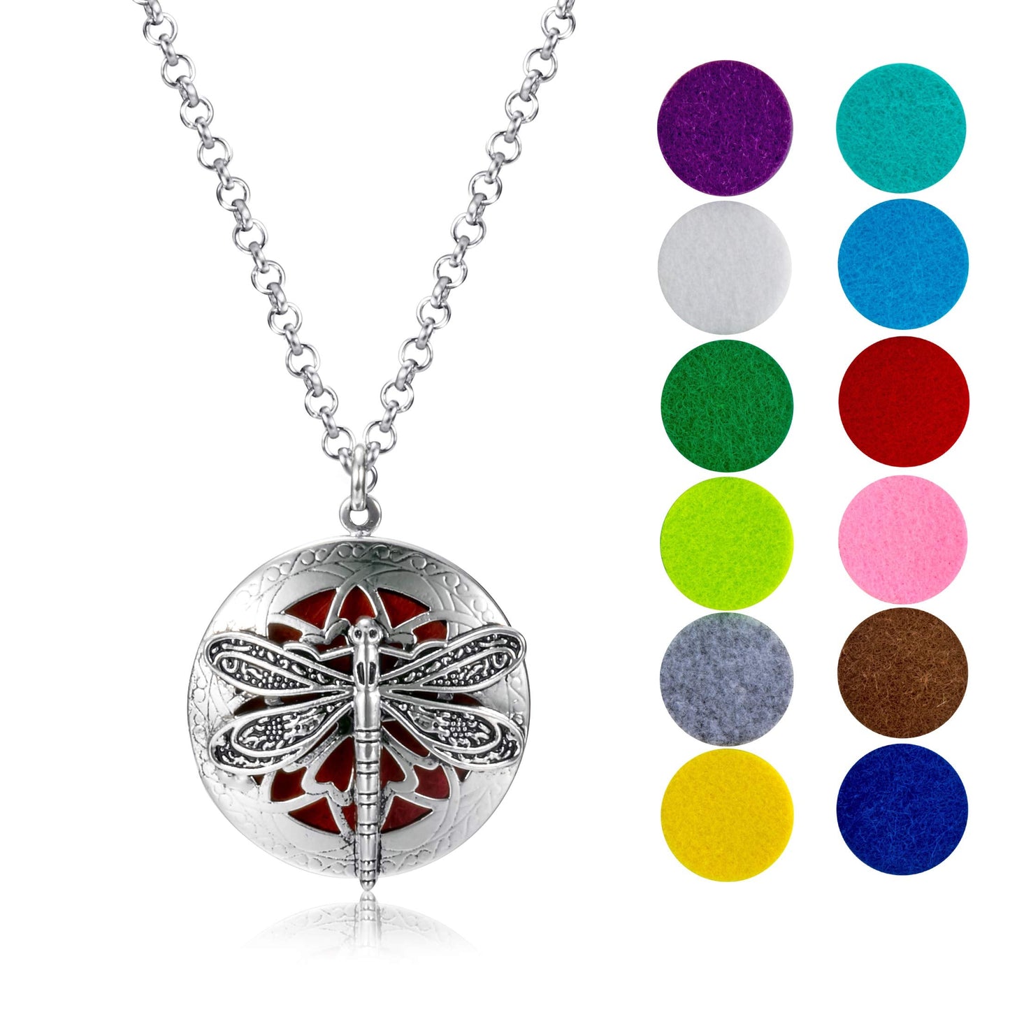 Wild Essentials Dragonfly Essential Oil Diffuser Nickel Free Alloy Locket Pendant with 24 inch Chain, 12 Color Refill Pads, Customizable Color Changing Perfume Jewelry for Aromatherapy