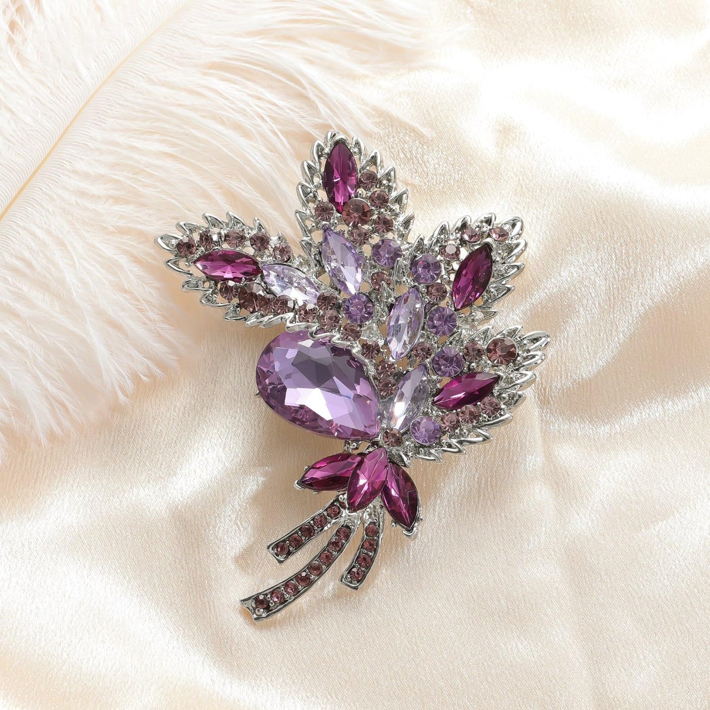 YOQUCOL Purple Austrian Crystal Leaf Shape Bouquet Big Large Brooch Pin Rhinestone Scarf Decoration Wreath Cloth Pin For Women