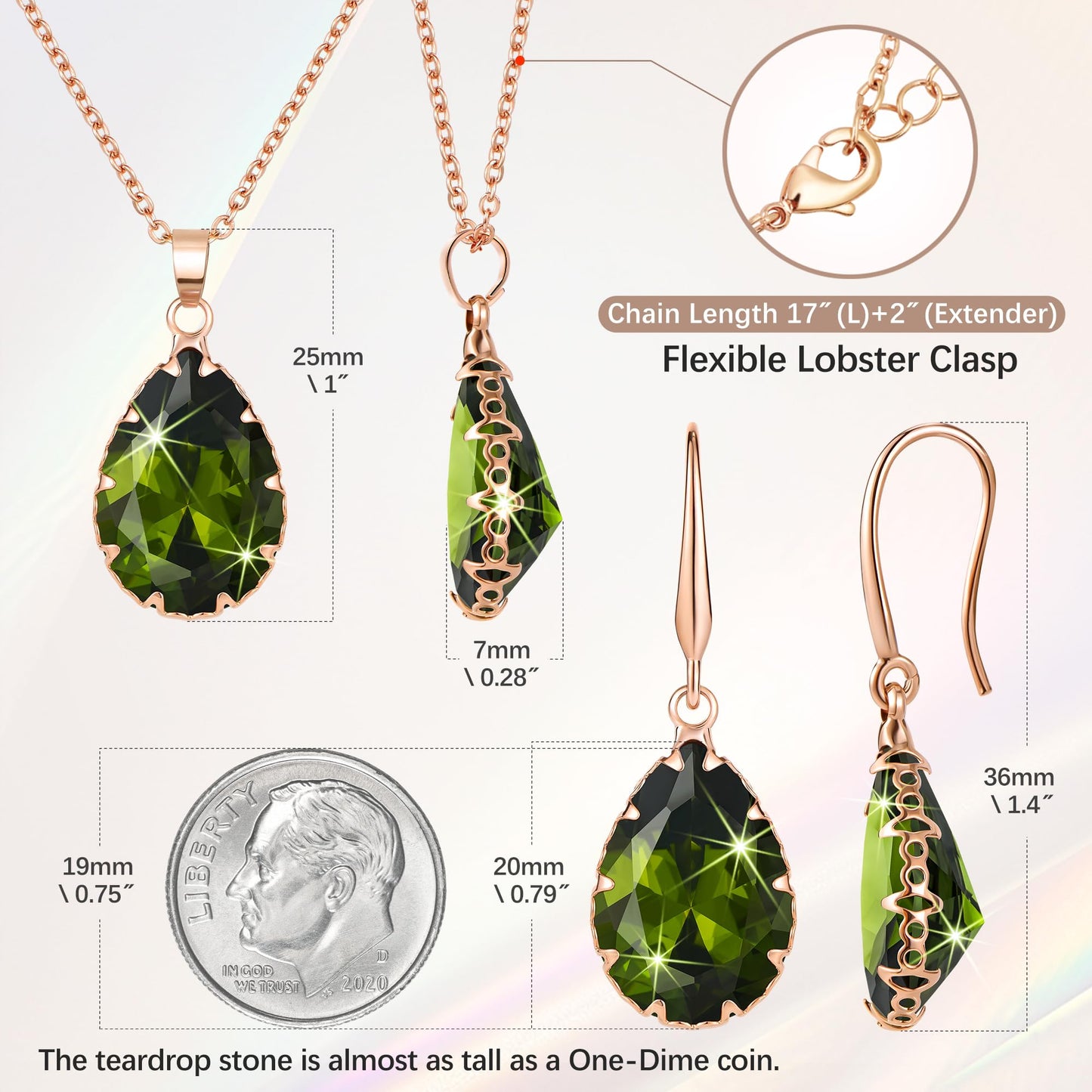 Linawe Tear Drop Earrings Jewelry Sets for Women, Fake Imitation Diamond Pendant Necklace, Birthstone Crystal Cubic Zirconia Dangle Earrings Set, Rose Gold Rhinestone Costume Jewelry Set