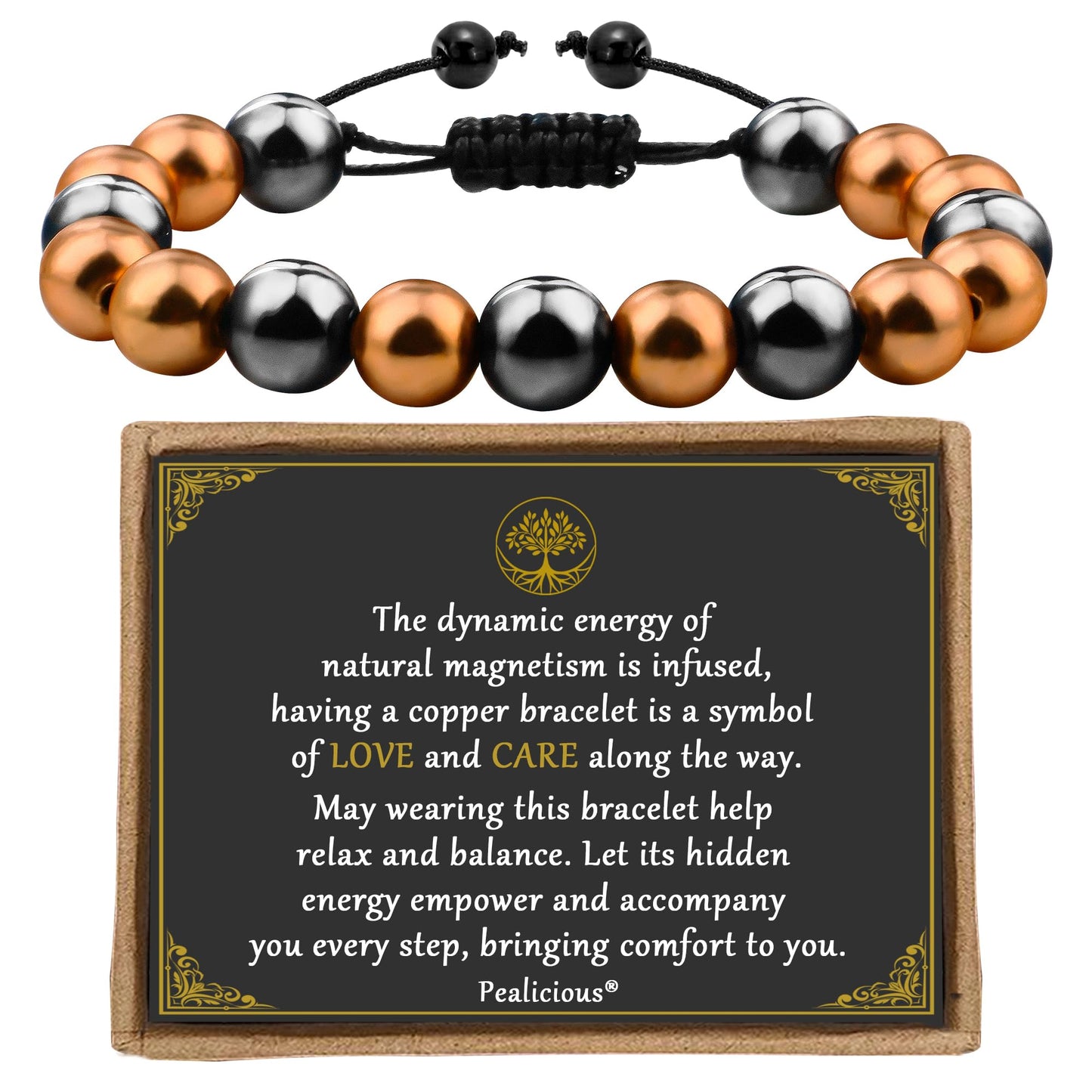 PEALICIOUS Copper Bracelet for Women and Men, 10MM Copper Magnetic Bracelet with 3500 Gauss Magnet Beads as Birthday Gifts for Dad, Cooper Hematite Jewelry Pulsera De Cobre para Mujer for Parents