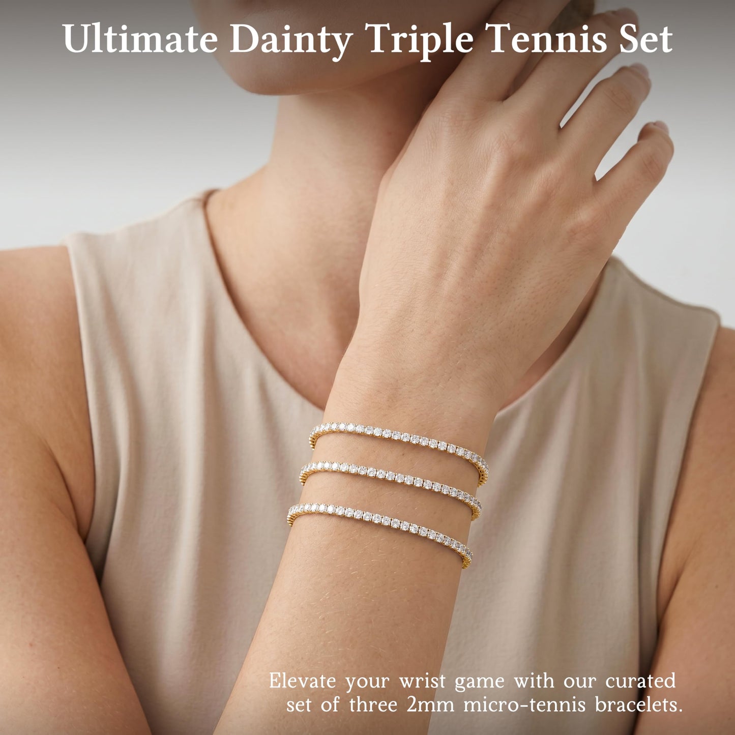Dainty 2mm Gold Tennis Bracelet Set for Women, 14K Gold Plated Triple Stackable Zirconia Bracelets, Minimalist Professional Jewelry for Business Casual Office Wear, 3-Piece Sparkle Wrist Set