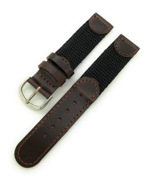 20mm Canvas Nylon Leather Watch Band (black with brown)