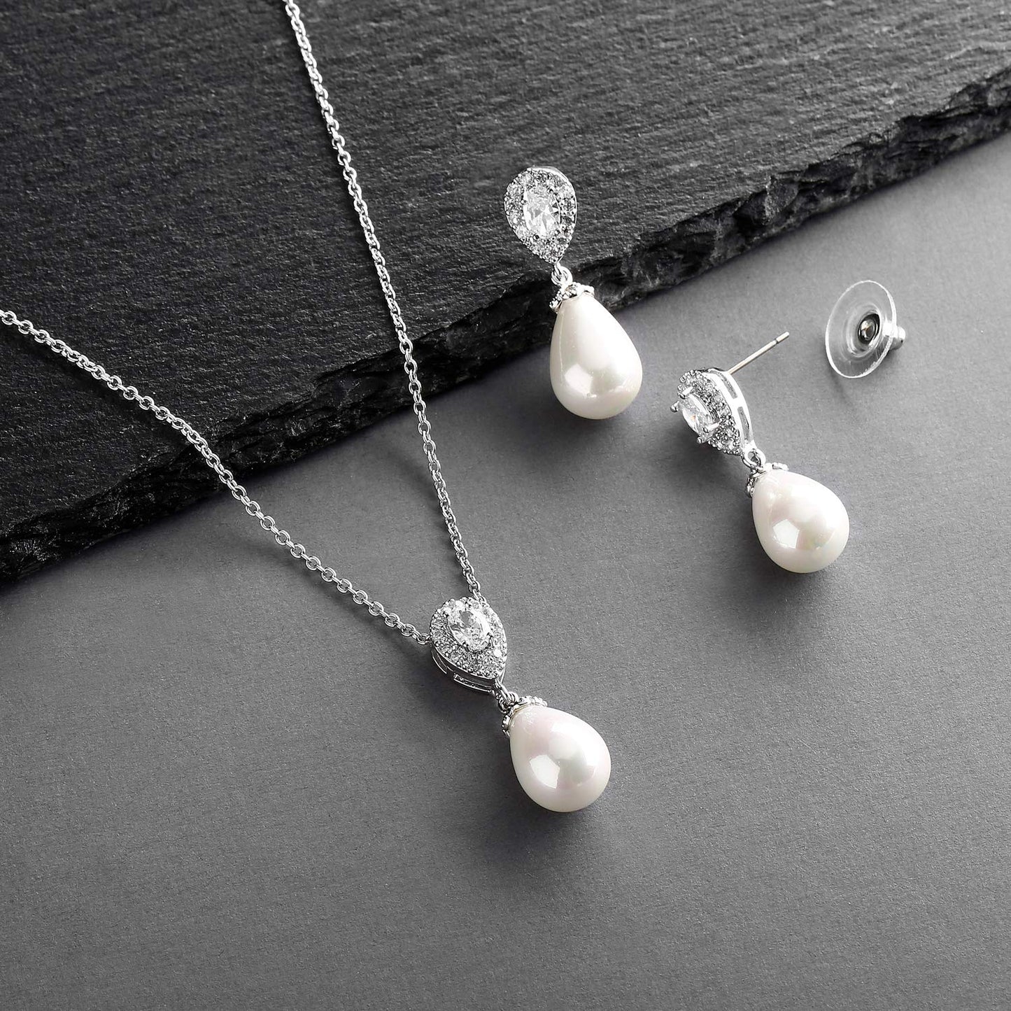 Mariell Pearl Drop Bridal Necklace and Earrings Set with CZ Crystals for Brides, Wedding, Birthday Gift