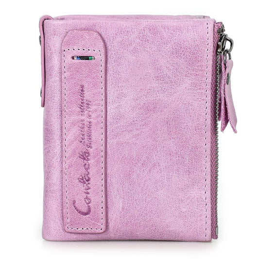CONTACTS Soft Leather Wallet for Women Small Bifold Coin Purse Double Zipper Card Holder with RFID Blocking (Pinkish Purple)