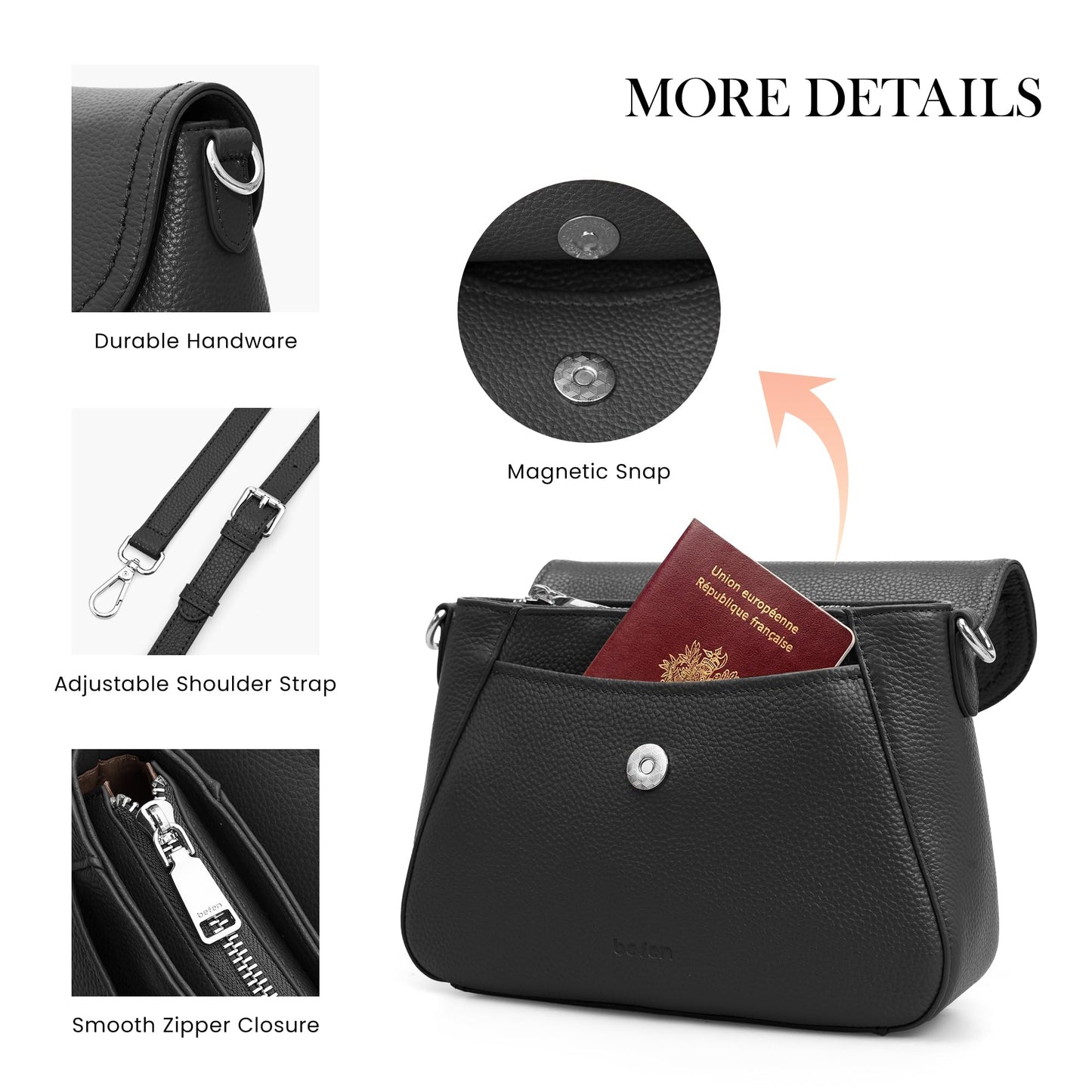 befen Black Crossbody Leather Purse for Women Small Real Genuine Leather Shoulder Bags with RFID Blocking, Saddle Bag Purses for Women 2026 Summer Cross Body Handbags for Daily Travel