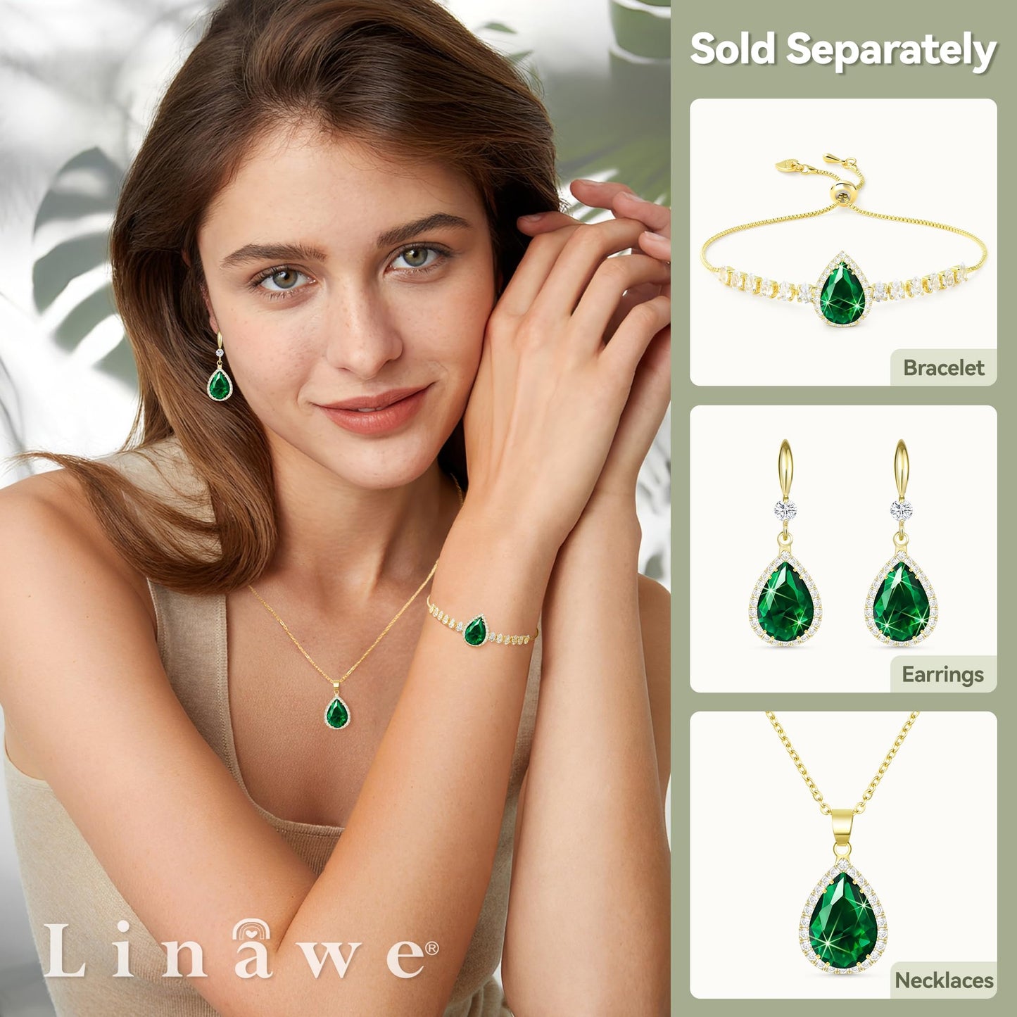 Linawe Emerald Green Earrings for Women Trendy, 14K Gold Imitation Diamond Rhinestone Cubic Zirconia Crystal Earrings, Teardrop Birthstone Lime Green Earrings, Wedding Jewelry Set