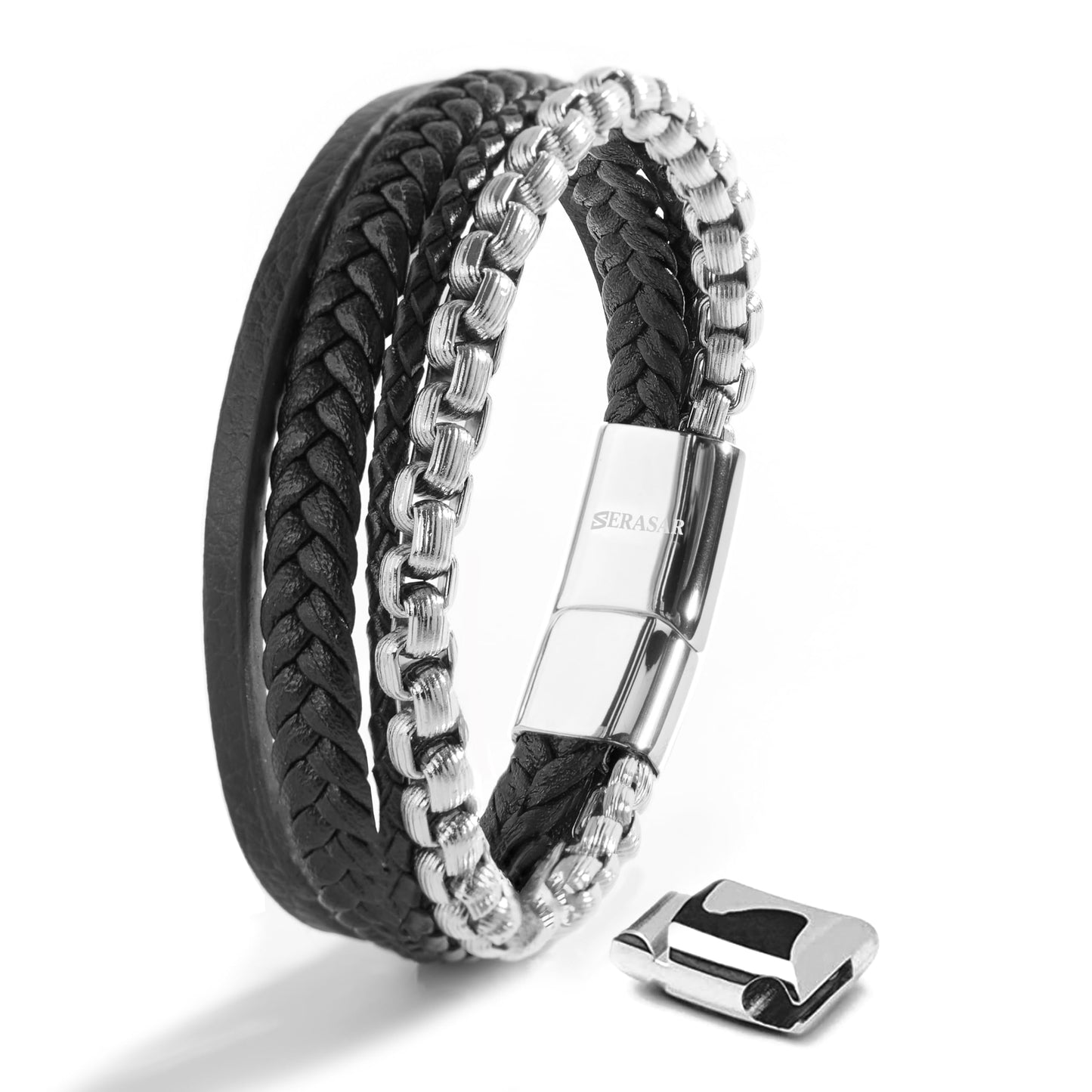 SERASAR Pulsera de cuero plateado para hombre 20cm Idea regalo Caja Piel vacuno trenzada genuino trenzado multicapa ajustable con cierre magnético