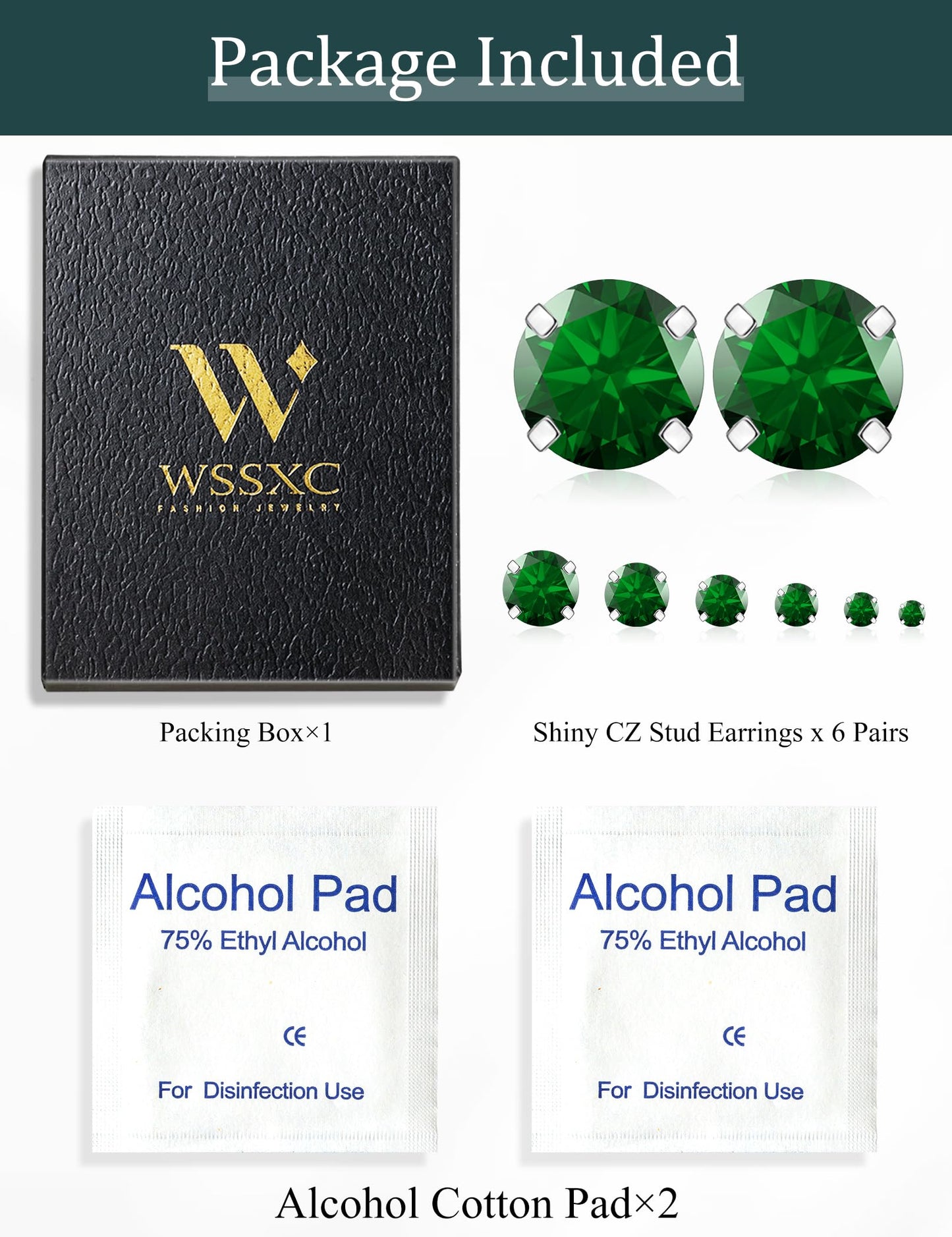 6 Pairs Stud Earrings Set Hypoallergenic Cubic Zirconia 316L Earrings Stainless Steel Earrings for Women (Green)