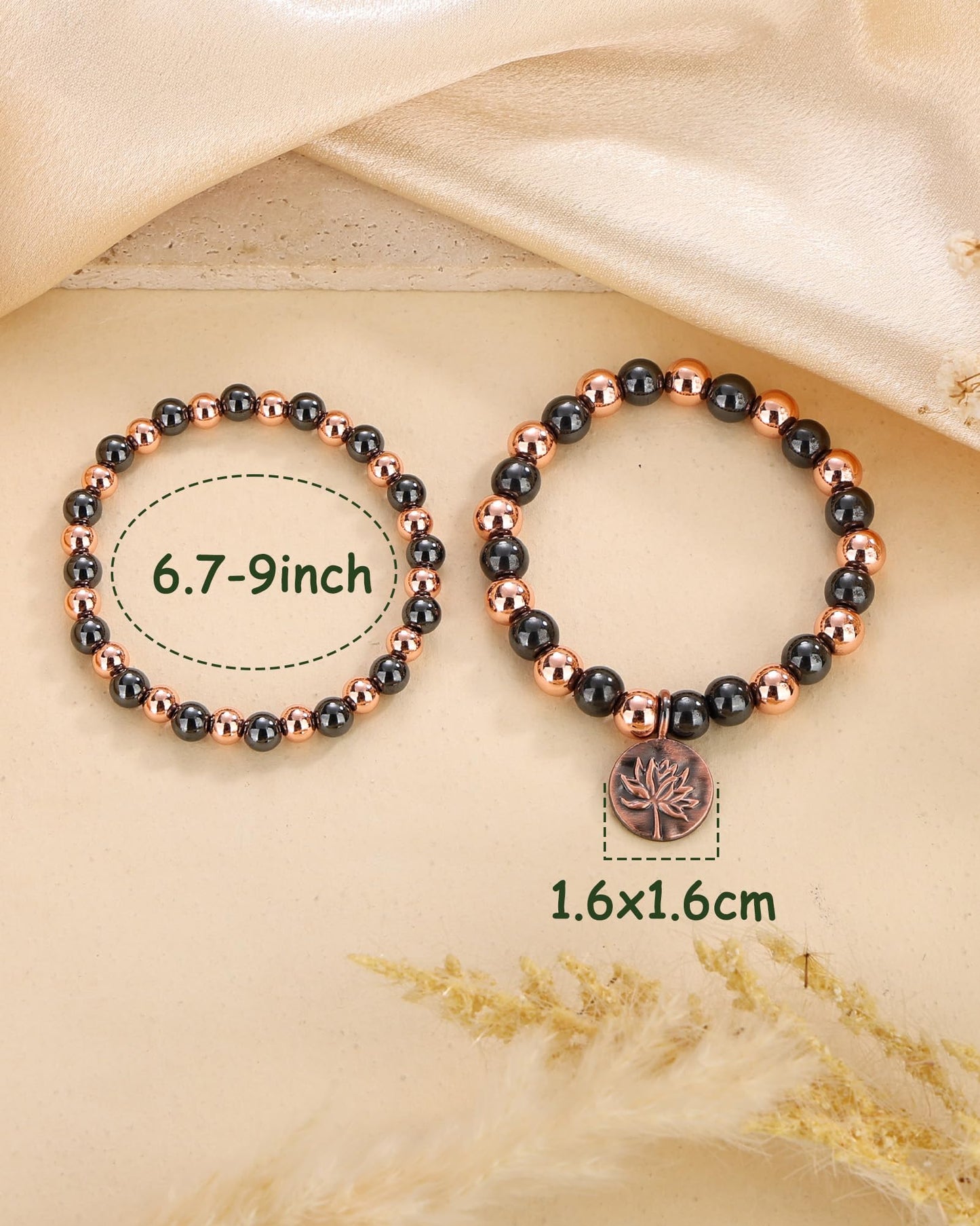 MagEnergy 2Pcs Copper Bracelet for Women & Men, 3800 Gauss Magnetic Bracelet, Lotus Copper Hematite Jewelry Gifts, Stretch Hematite Bead Braclets Pulseras Para Mujer