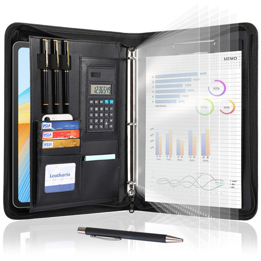Leathario Portfolio Binder, Includes 10 Sheet Protectors and a Pen, 13 Inch Tablets Organizer, Vegan Leather A4 Padfolio, Multi-Pocket Notepad Business Planner Professional 3 Ring Document