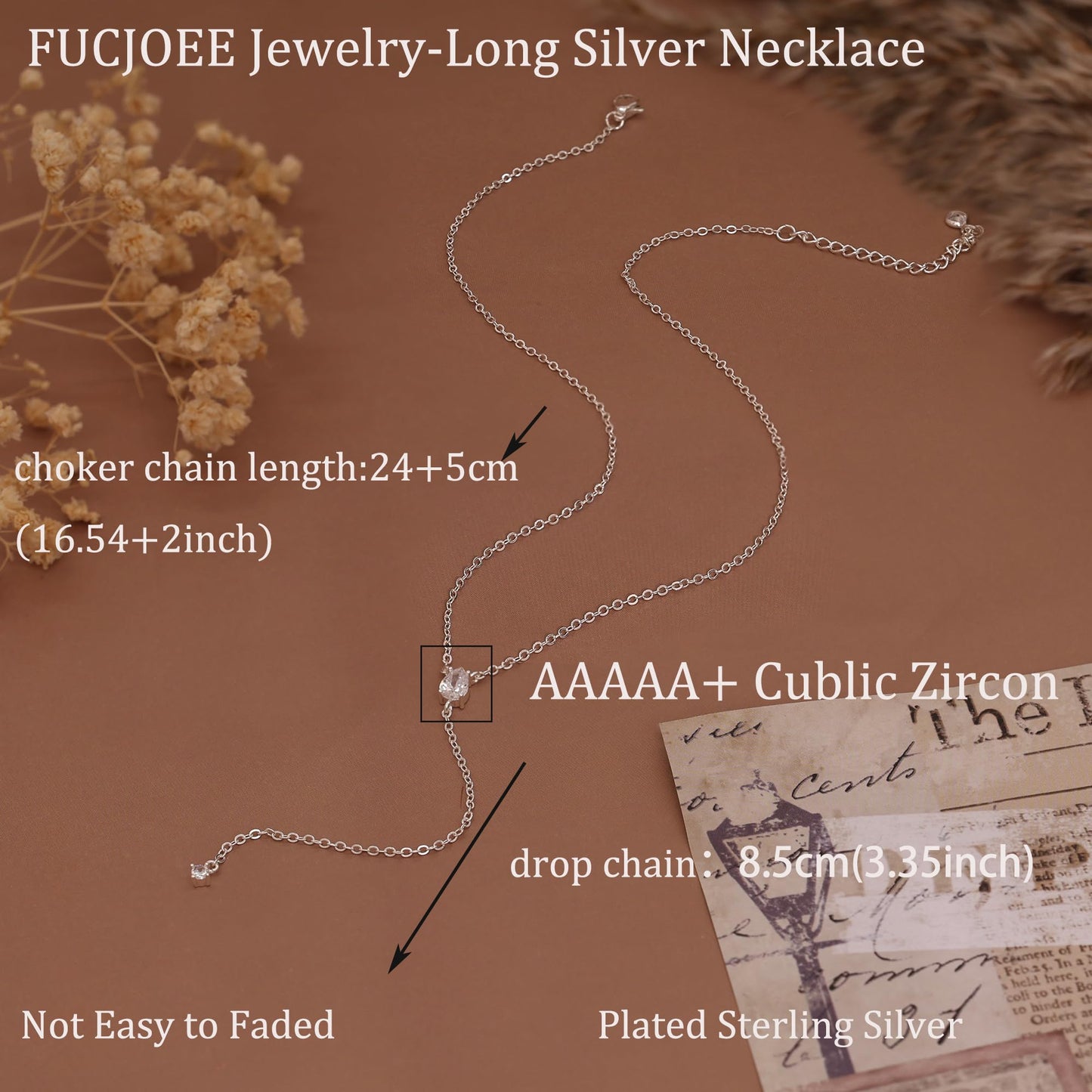 FUCJOEE Silver Necklace for Women - Dainty Long Silver Necklace Simple Teardrop CZ Y Shaped Drop Necklaces Statement Lariat Necklace Cute Long Necklaces for Women Trendy Silver Prom Jewelry Gifts