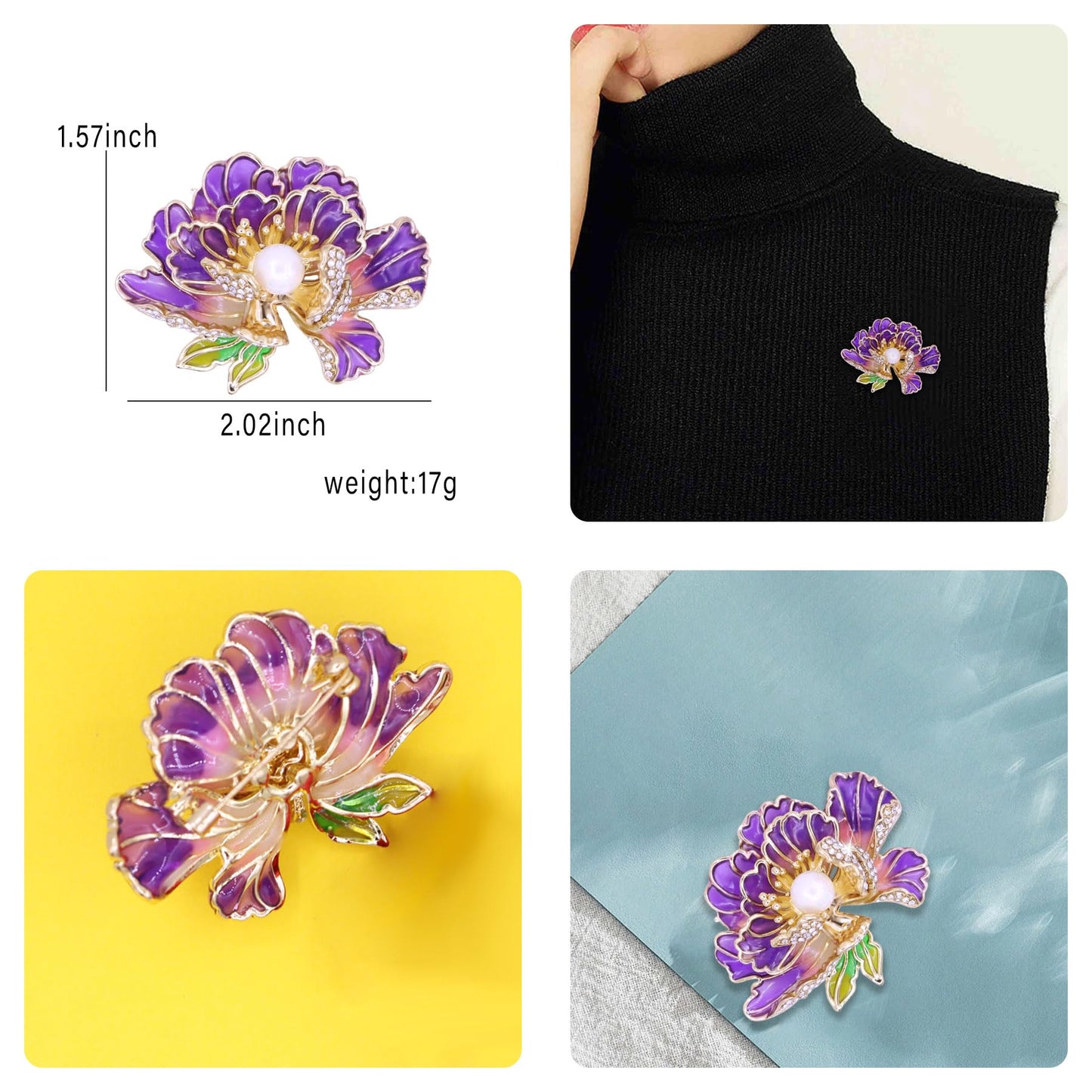 Crystal Red Flower Brooch Pins for Women Elegant Enamel Rhinestone Floral Brooches Pin Fashion Jewelry for Party Dance Wedding Banquet Brooch for Women Gift (Purple)