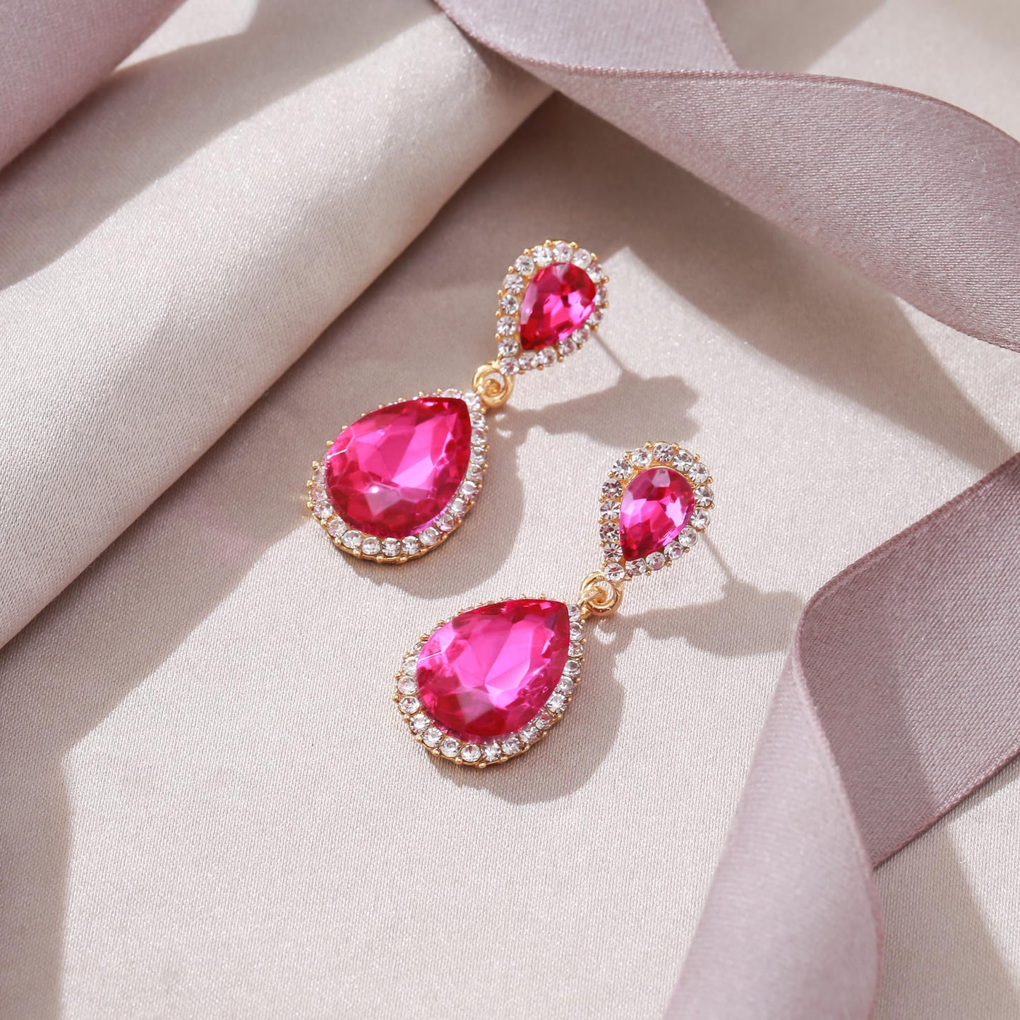 EVER FAITH Women's Fuchsia Austrian Crystal Costume Party Dangle Earrings, Elegant Bridal Waterdrop Pierced Earrings for Bridesmaid Hot Pink