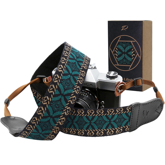 Padwa Lifestyle Mystic Green Embroidered Camera Strap - Double Layer Cowhide Ends,2" Cotton Vintage Camera Straps, Adjustable Neck & Shoulder Strap for All DSLR Cameras,Great Gift for Photographers