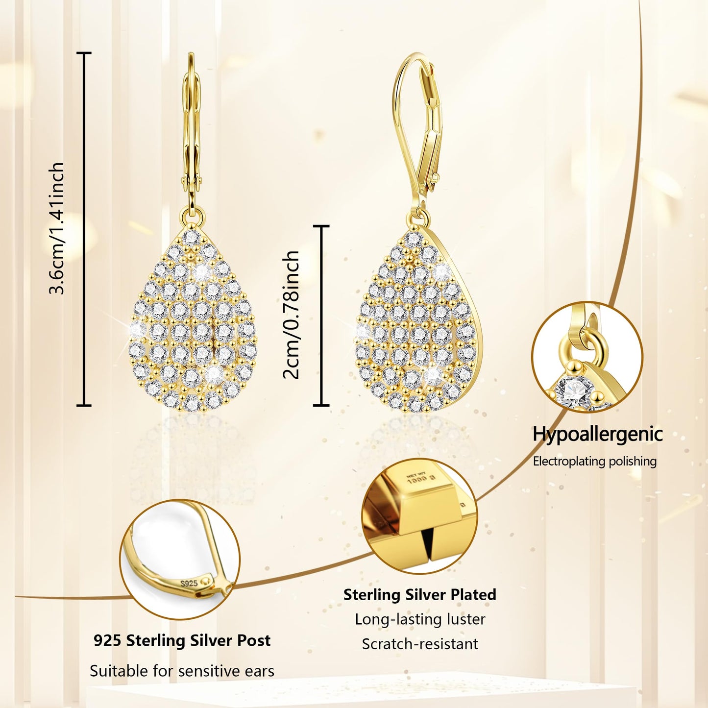 Gold Teardrop Earrings, ALEXCRAFT 14K Gold Dangle Leverback Earring for Women Trendy Hypoallergenic Goldplated Sterling Silver Cubic Zirconia Waterdrop Teardrop Dangling Drop Earrings for Women