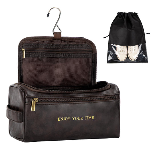 Flycalf Mens Toiletry Travel Bag Groomsmen Father Dad Leather Toiletries Grooming Bag for Men Shaving Bag Hanging Water Resistant Organizer (Coffee)