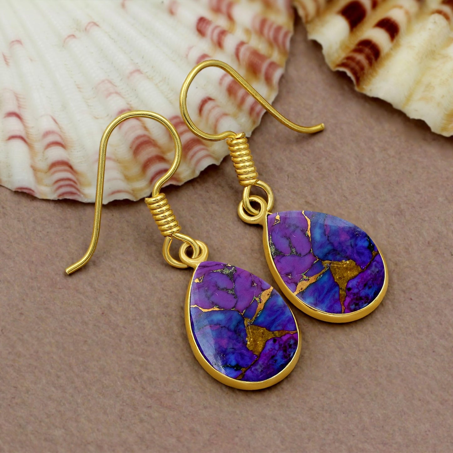 Natural Purple Copper Turquoise 14K Yellow Gold Plated Dangle Earrings for Women - Purple Gemstone December Birthstone Handmade Jewelry Earrings - Mother's Day Gifts for Her