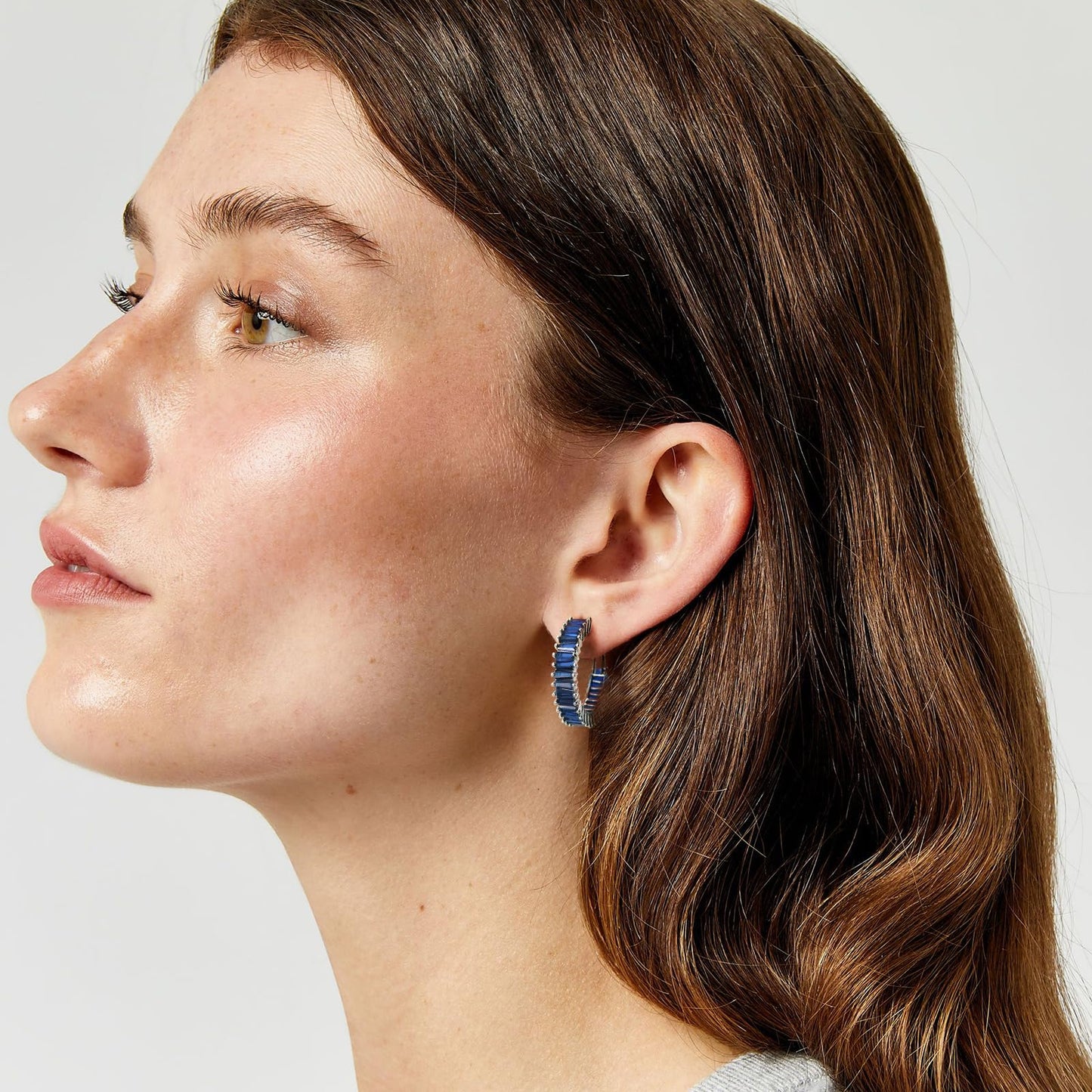 GLOQUAT Blue Sapphire Hoop Earrings White Gold Plated Sapphire Earrings for Women Vintage Baguette Cubic Zirconia Hoop Earring Fashion Round Circle Hoops Blue Jewelry for Women 25mm