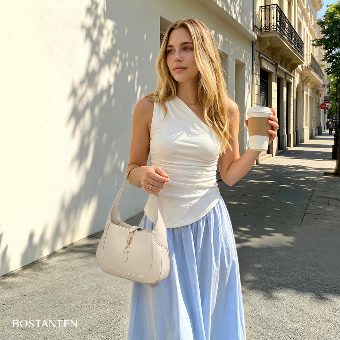 BOSTANTEN Shoulder Bag Lightweight Vegan Leather Purses for Women Designer Handbag Trendy Top-Handle Bag Beige