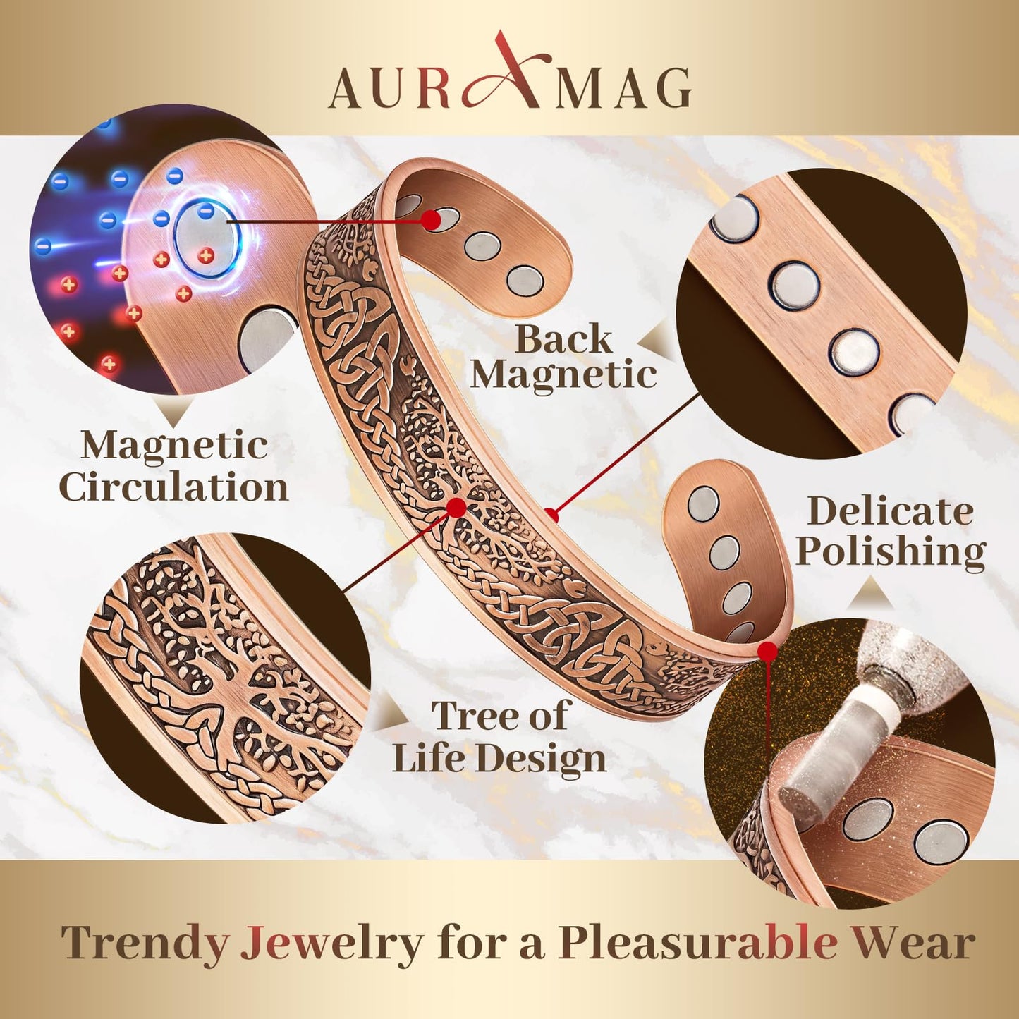 Auramag Bracelets for Men, 100% Pure Copper bracelets for women, Magnetic Bracelets with 3500 Gauss Effective Magnets, Adjustable Copper Jewelry Gift with Gift Box