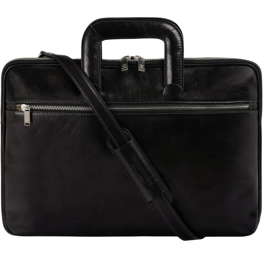 Time Resistance Slim Leather Briefcase - Italian Handmade Leather Laptop Bag for Men and Women (Black)