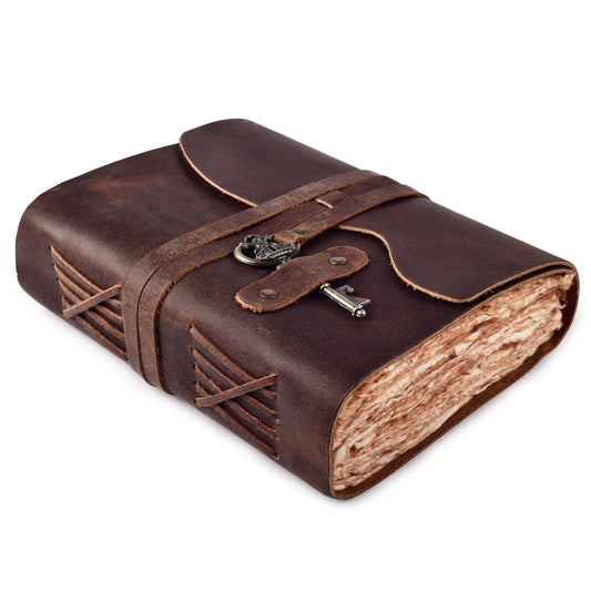Rasavi Genuine Leather Bound Journal for Men & Women - Vintage Key Closure - Book of Shadow - 200 Pages Handmade Vintage Deckle Edge Watercolor Paper - Cappuccino Brown - 6X4 Inches(A6)
