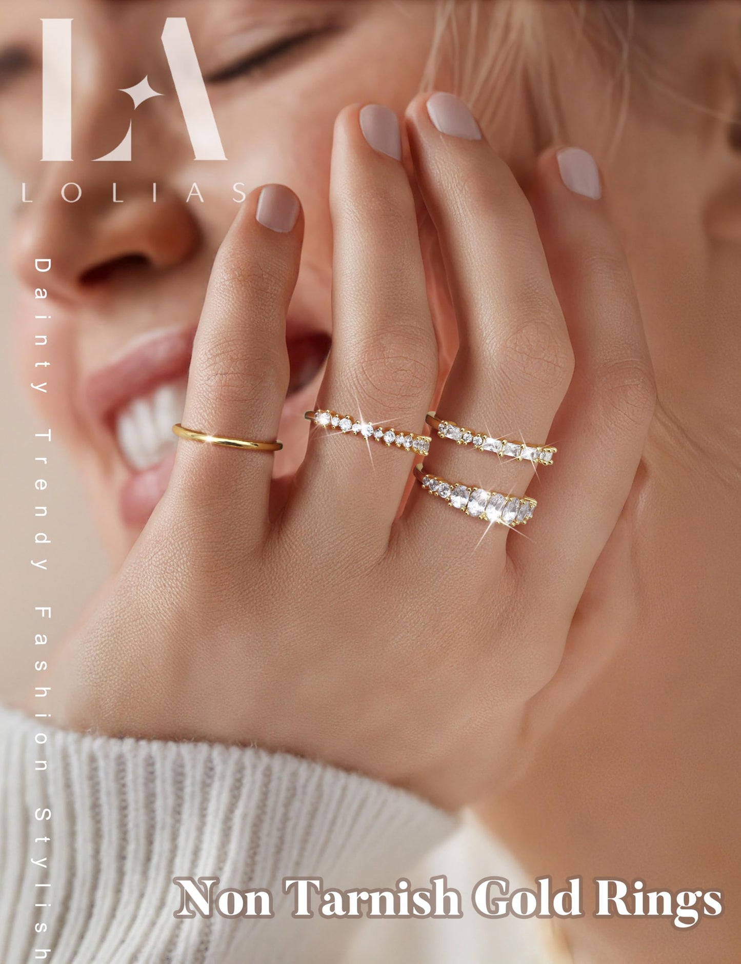 LOLIAS 14K Gold Plated Stackable Rings for Women Non Tarnish - Dainty Cubic Zirconia Wedding Bands Ring Set Minimalist Trendy Statement Engagement Promise Thumb Rings Stacking Size 5-10 Size 10.5