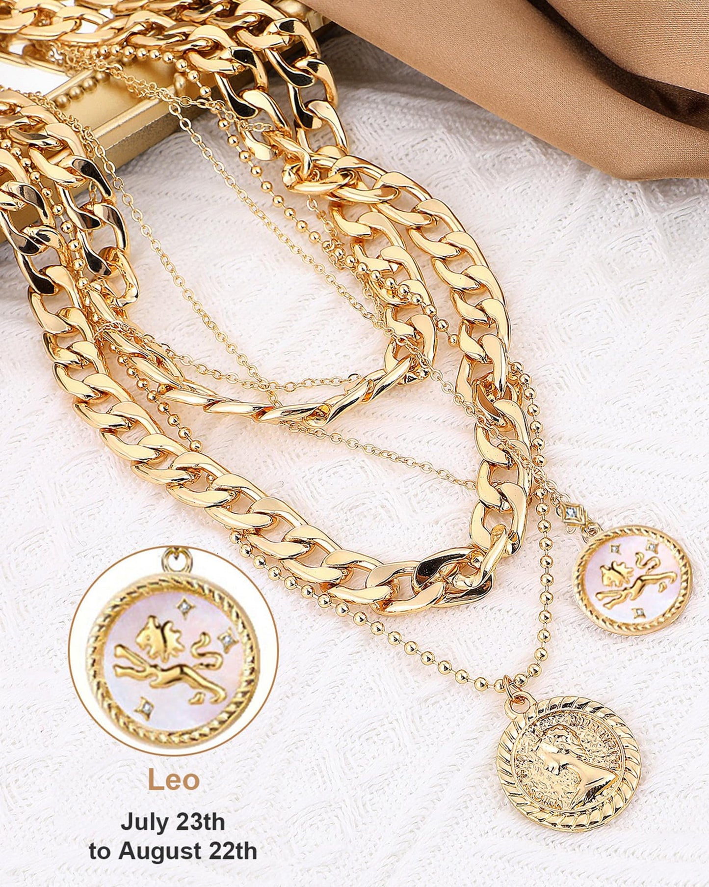MJartoria Gold Layered Necklaces for Women Trendy Retro Coin Pendant Necklace Dainty Chunky Chain Choker Necklaces for Jewelry Birthday Gifts (Gold, Zodiac-Leo-3PCS Layered)