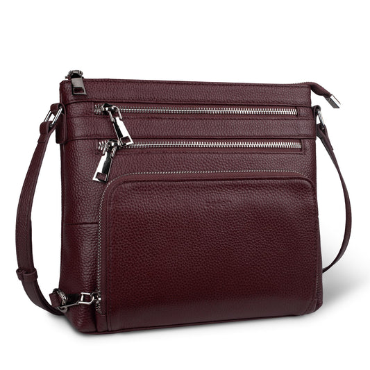 befen Genuine Leather Crossbody Purses for Women, Ladies Anti-Theft Medium Crossbody Shoulder Bags with Built in RFID Blocking Wallet Burgundy Red