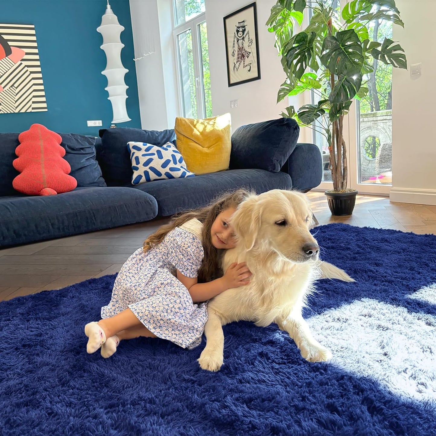 OLANLY Soft Fluffy Shaggy 3x5 Bedside Rug - Machine Washable Indoor Carpet for Kids & Nursery | Navy Blue