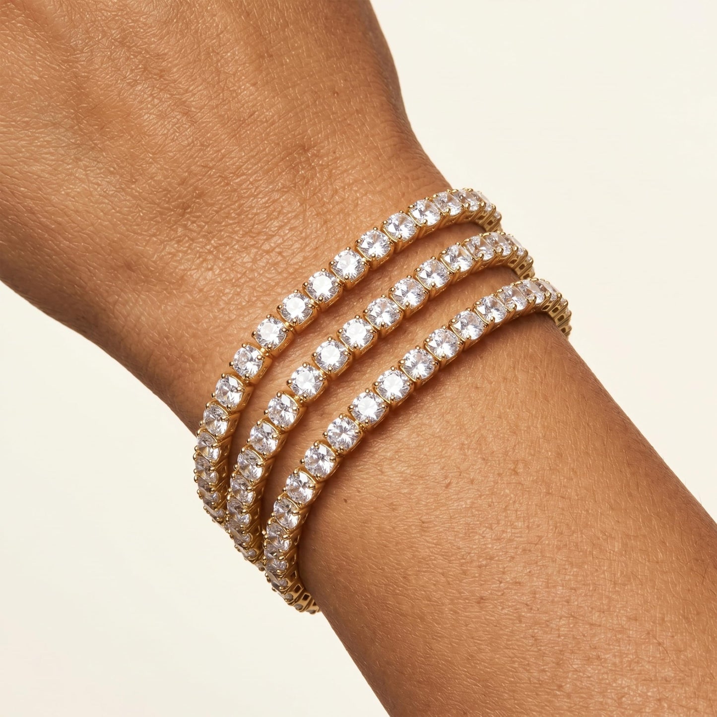 Chunky 4mm Gold Tennis Bracelet Set for Women, 14K Gold Plated Triple Stackable Large Zirconia Bracelets, Bold Statement Jewelry, 3-Piece Heavy-Shine Link Set, Y2K Fashion Accessory