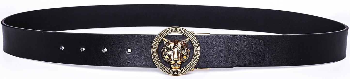 Old John leather Men's Luxury Gold Tiger Buckle 35-mm Italian Leather Belt (105cm/41.3inch(34-36), Black)