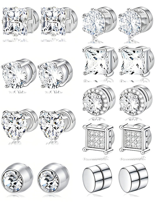 Ofeiyaa Magnetic Stud Earrings Stainless Steel Non-piercing CZ Heart Round Square Triangle Halo Earrings for Men Women Fake Clip on Stud Earring Jewelry Set for Sensitive Ears Silver Tone 6MM 8MM