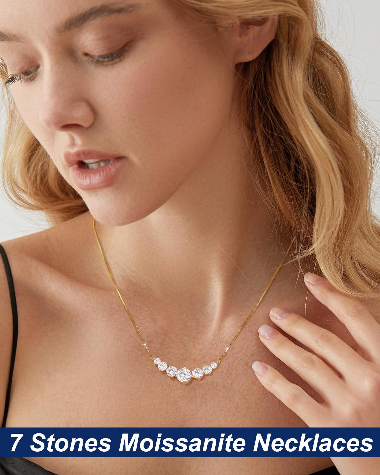 Moissanite Necklace for Women, 5.0 Carat 7 Stones Simulated Diamond Necklace 18k Yellow Gold Plated Sterling Silver Smile Pendant Necklace 16.5+2.5 inch Box Chain with Certificate of Authenticity