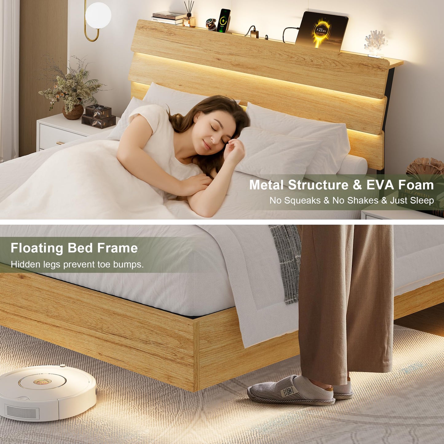 Feonase Floating Bed Frame King with Led Lights and Charging Station, Wood Full Size Bed Frame with Storage Headboard, Heavy Duty Metal Slats, No Box Spring Needed, Easy Assembly,Oak