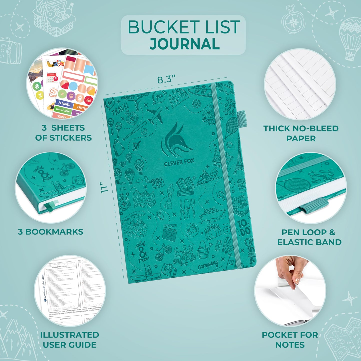 Clever Fox Bucket List Journal Large – Inspirational Book for Memories & Adventures – Motivational Bucket List Notebook for Couples, A4 (Turquoise)
