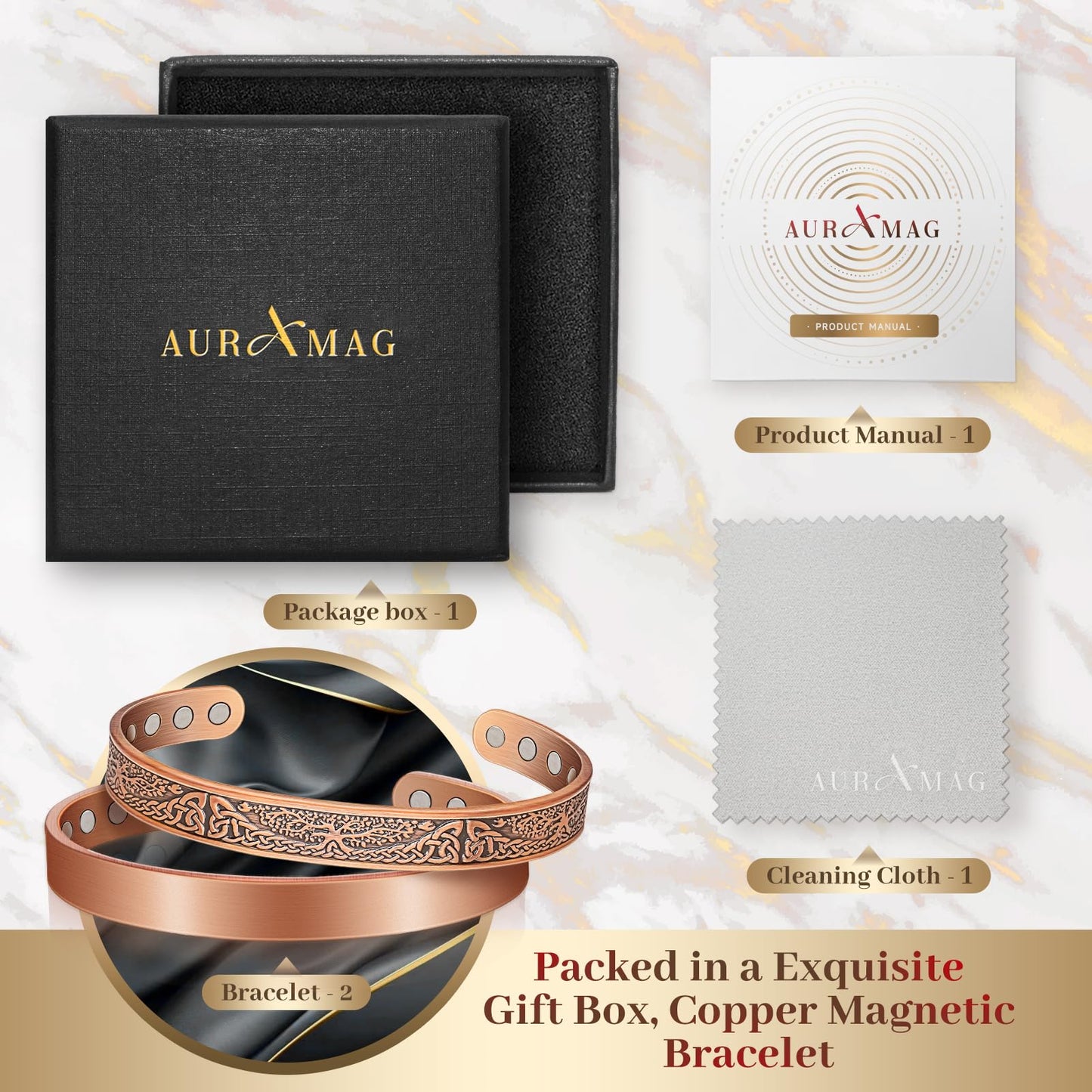 Auramag Copper Bracelets for Women, Magnetic Copper Bracelets for Women with 3500 Gauss Magnets, Adjustable Jewelry with Gift Box (2PCS)